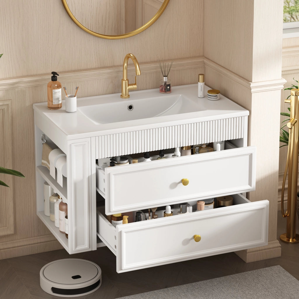 Mobiletto con lavabo sospeso con 2 cassetti vano laterale bianco 81 × 47 × 52 cm