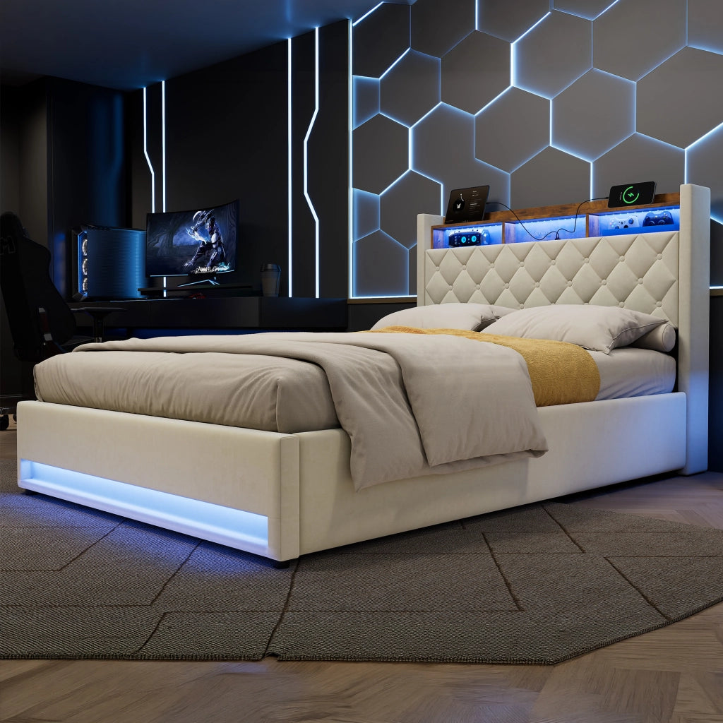 Letto contenitore imbottito 140x200 cm con luce LED; presa elettrica e porta USB; velluto; beige; senza materasso