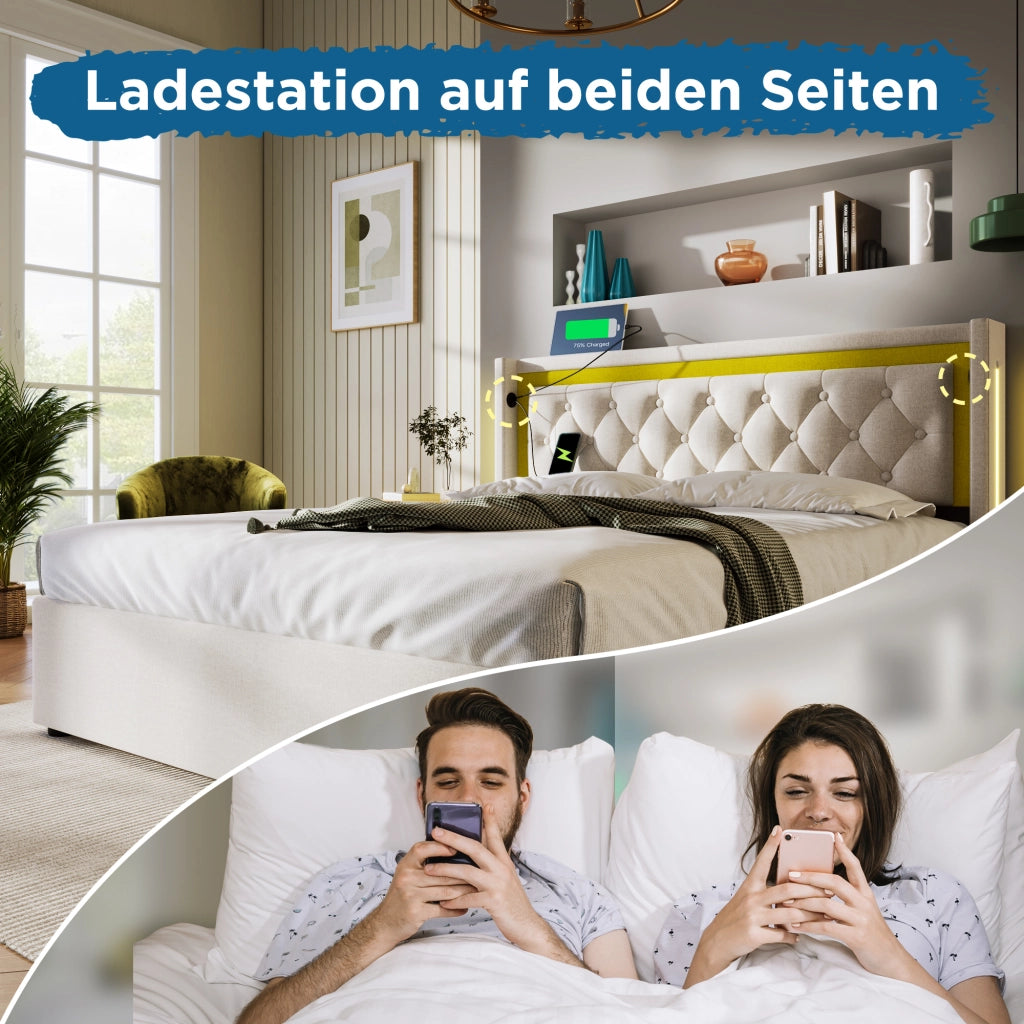 Letto imbottito LED matrimoniale con contenitore e ricarica USB Type-C, struttura in cotone, 140x200 con rete a doghe (senza materasso)