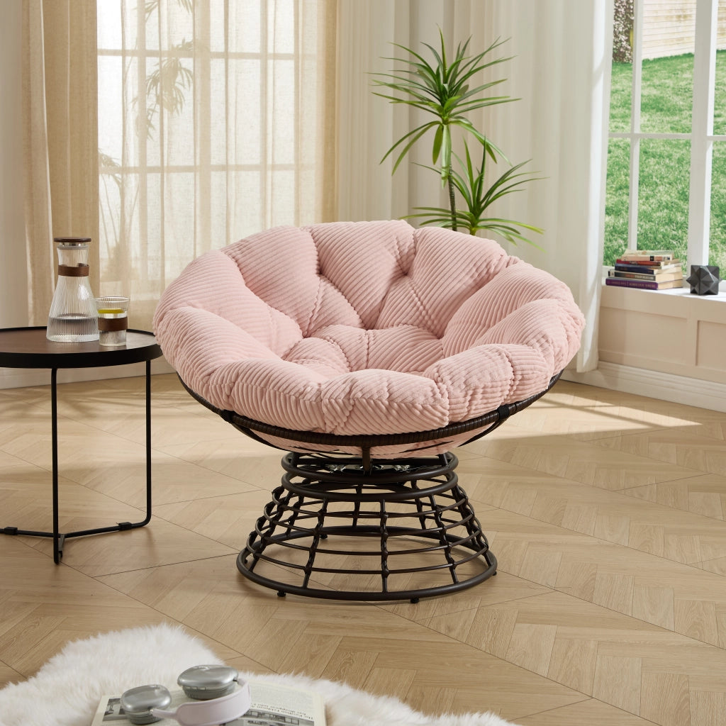 Poltrona Papasan girevole 360¡ã ?92x67 cm in acciaio e rattan PE marrone con cuscino rosa