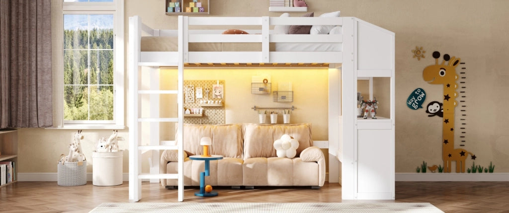 Letto a soppalco 90x200 cm con 6 cassetti e scaffali, illuminazione LED, bianco
