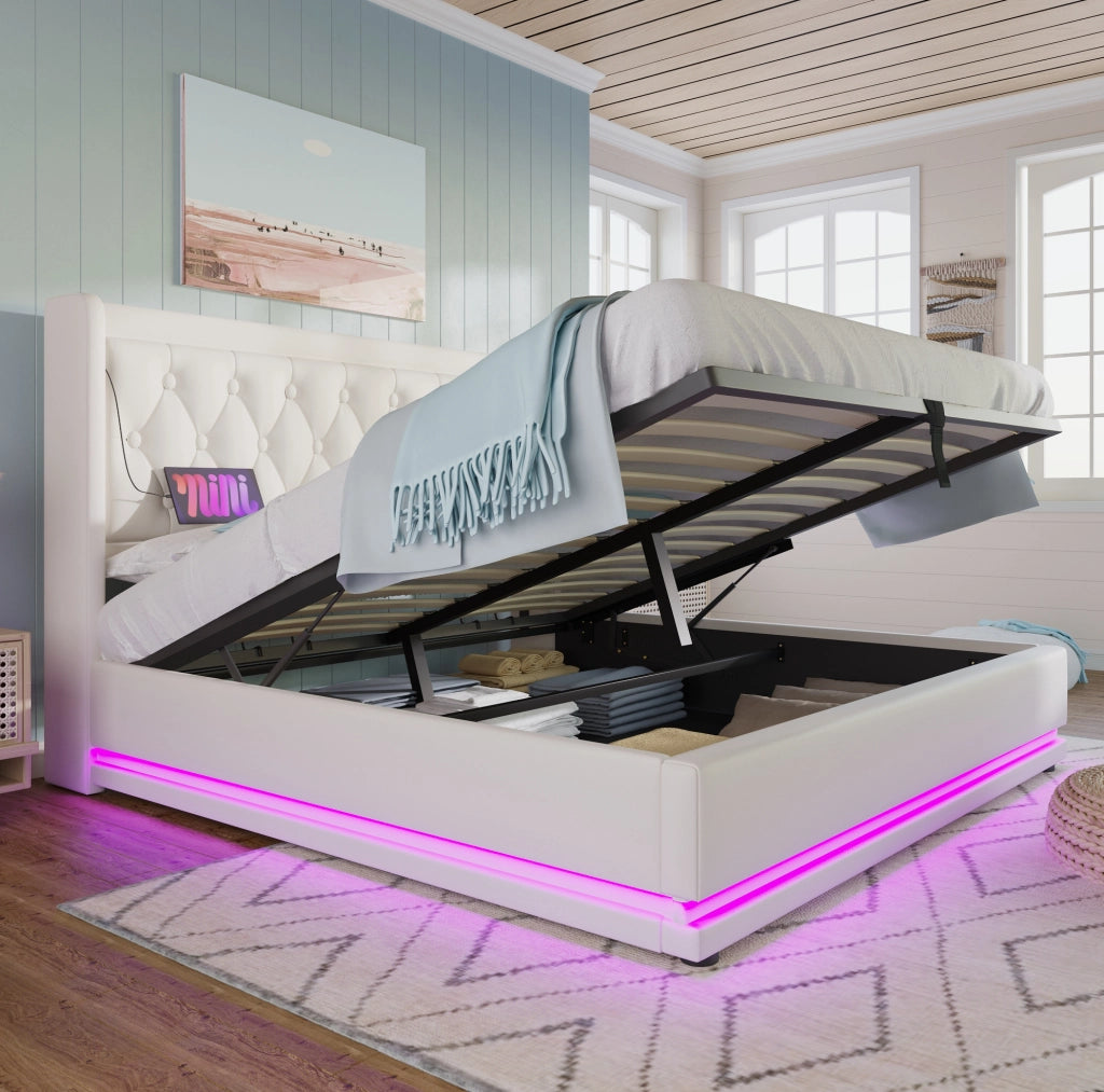 Letto matrimoniale 140x200 cm con contenitore idraulico; LED e USB-C; rivestimento in PU bianco