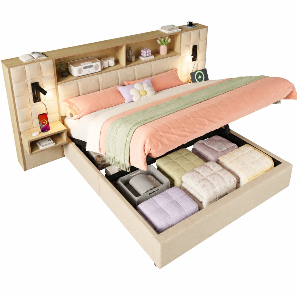 Letto contenitore matrimoniale 160 × 200 cm con LED; 2 lampade da lettura; USB e Type-C; senza materasso; beige