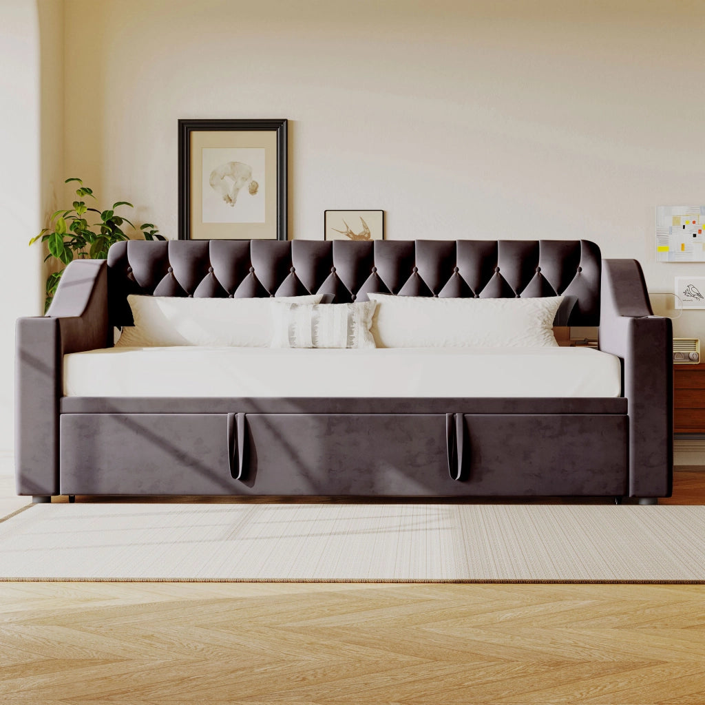 Divano letto 90 × 190 cm letto estraibile 180 × 190 cm con porte di ricarica in velluto grigio e rete a doghe