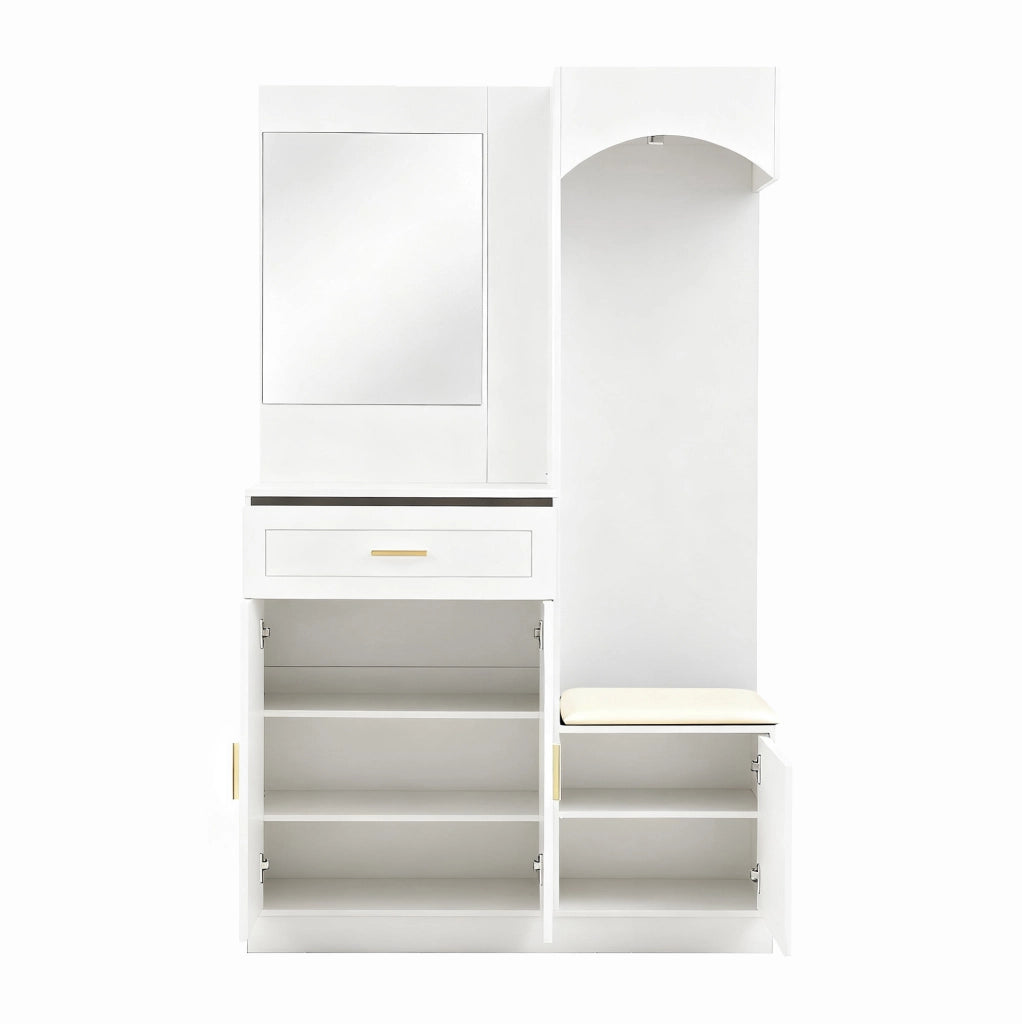 Guardaroba compatto bianco con appendiabiti, scarpiera, specchio e panca, 110x33x185,5 cm