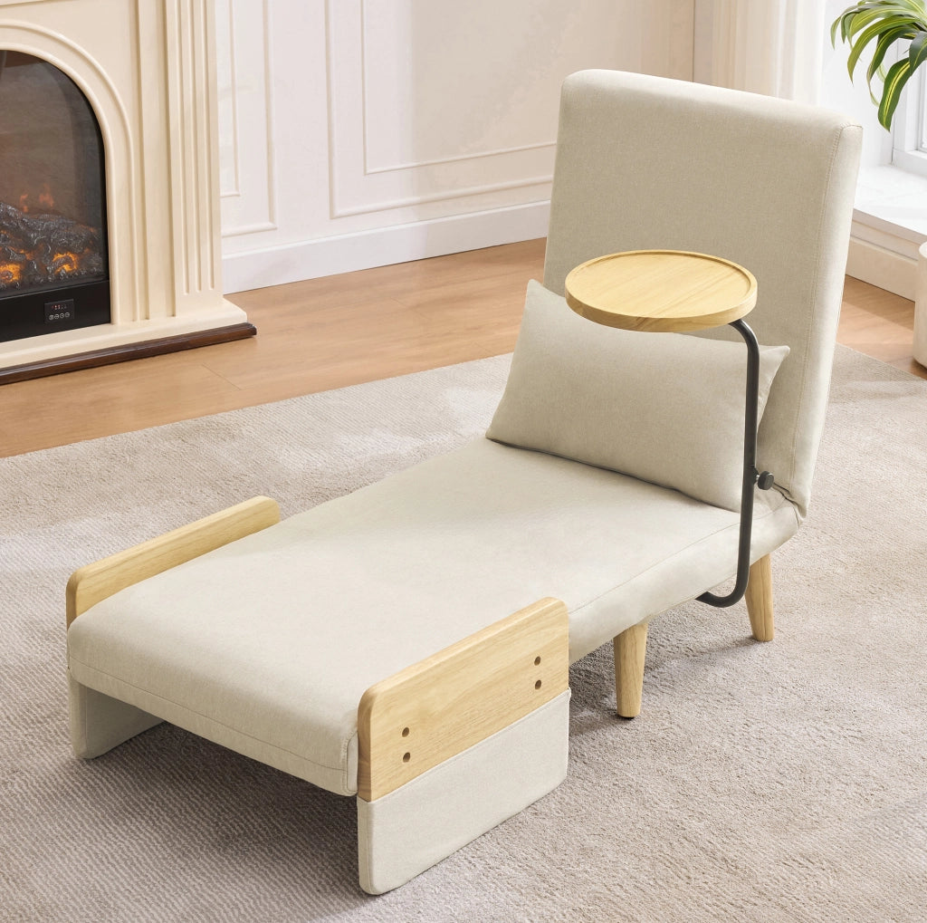 Poltrona letto pieghevole 3 in 1 con schienale regolabile e vassoio; beige