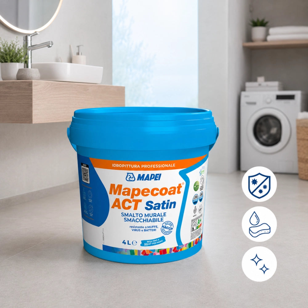 Mapei mapecoat act satin smalto murale lavabile antimuffa e antibatterico *** formato 4 lt, confezione 1