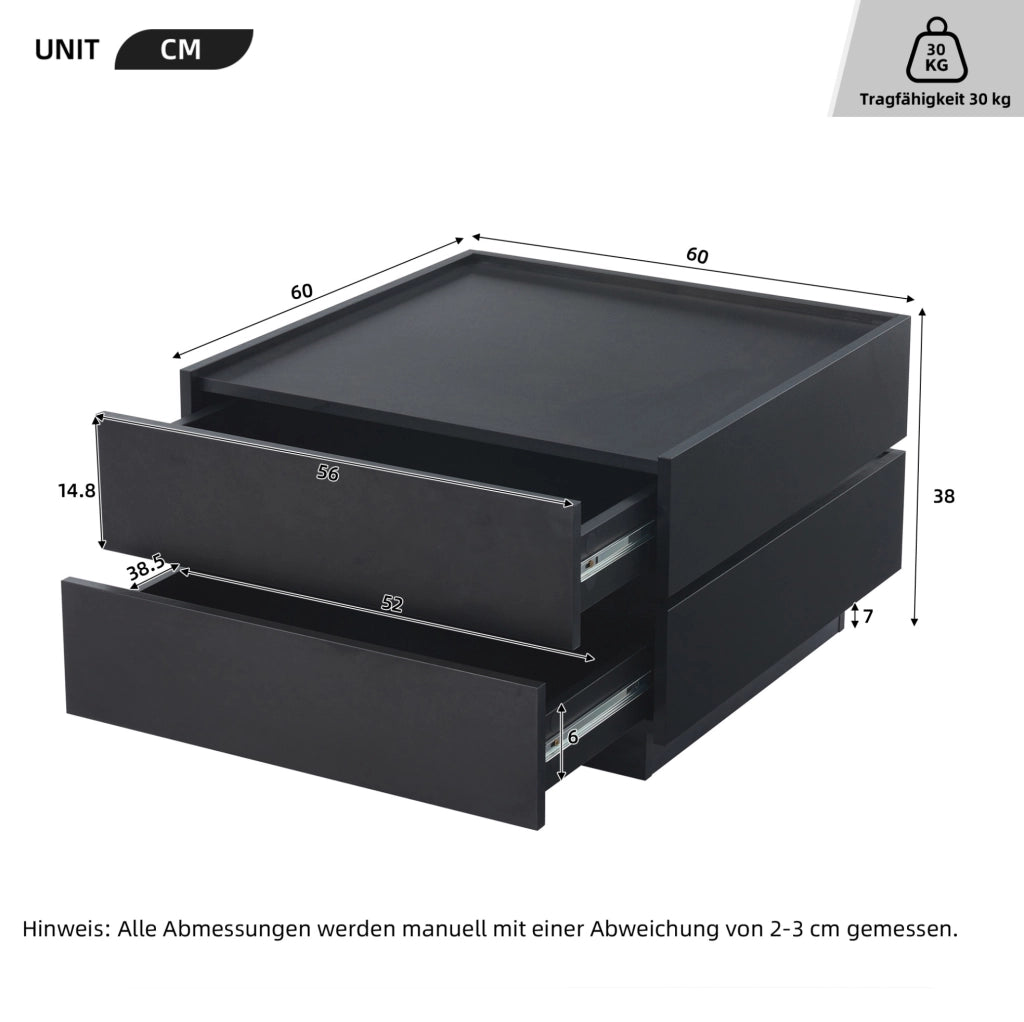 Tavolino da caffè girevole 360° 60x60x38 cm con 2 cassetti in truciolare nero