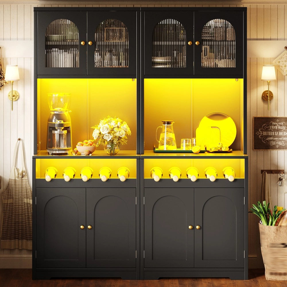 Set di 2 armadi alti ¨C Minimal ¨C nero, con ante in vetro, LED RGB, scaffale per vino, ripiani regolabili, 180cm