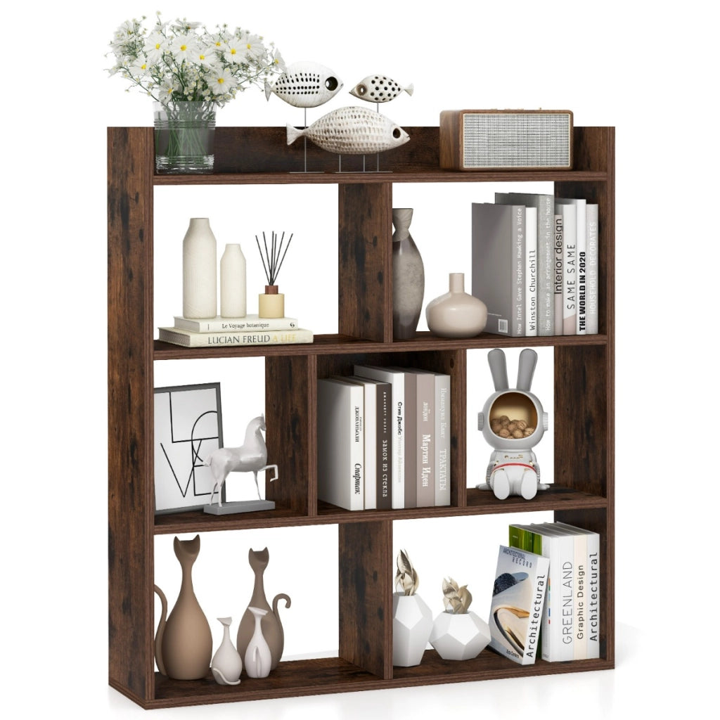 Libreria a cubi aperti con 7 scomparti, Mensola espositiva per l'archiviazione in legno per studio soggiorno Marrone-Librerie