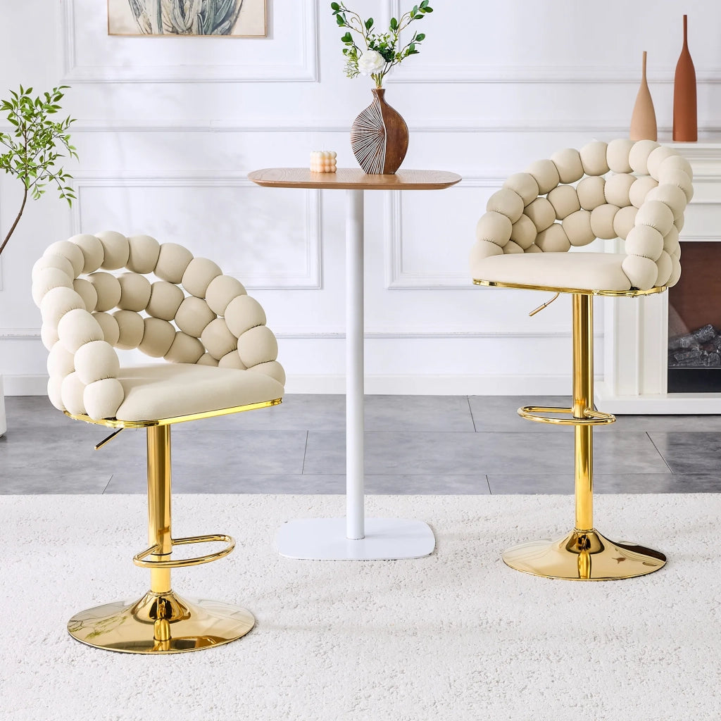 Set di 2 Sgabelli da Bar in Velluto Bianco Crema, Schienale a Catena di Sfere, Base Regolabile Dorata, per Isola Cucina, Home Bar e Zona Pranzo