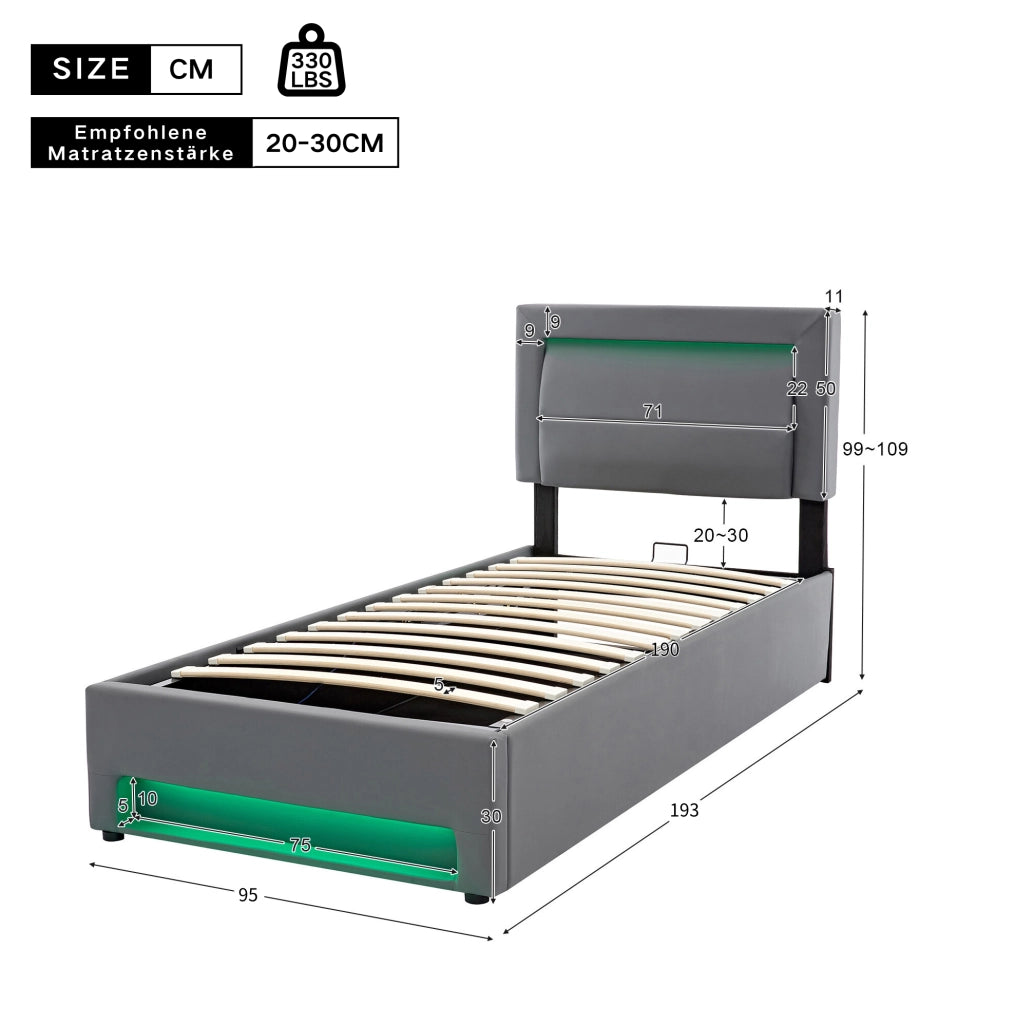 Letto imbottito 90x190 cm con contenitore, LED e ricarica USB in PU grigio