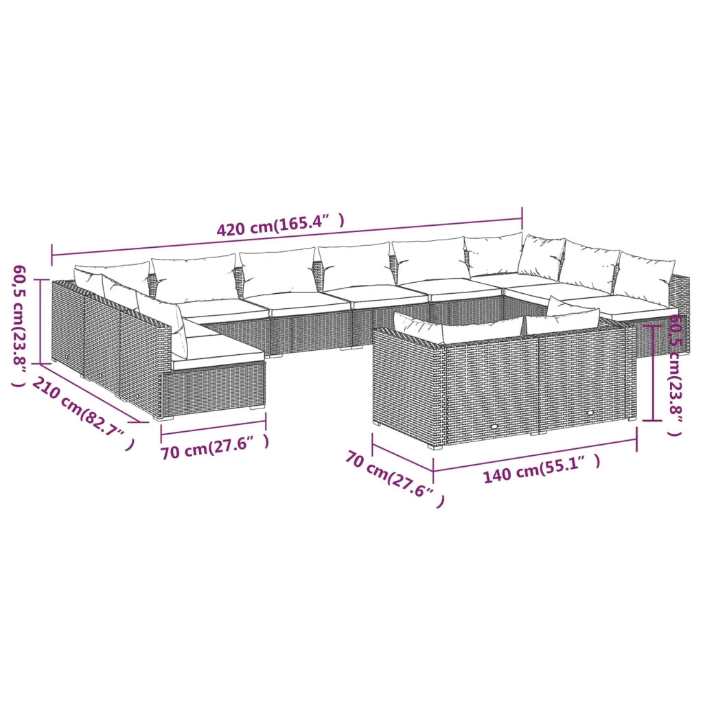 Set Divani da Giardino 12 pz con Cuscini in Polyrattan Marrone