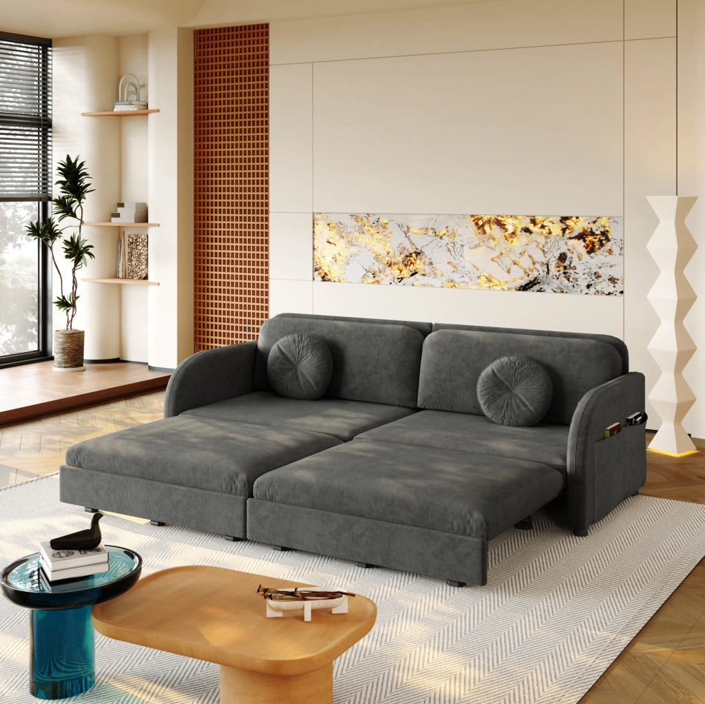 Divano letto estraibile ULEVR 3 in 1 in ciniglia grigio con tasche laterali e cuscini regolabili