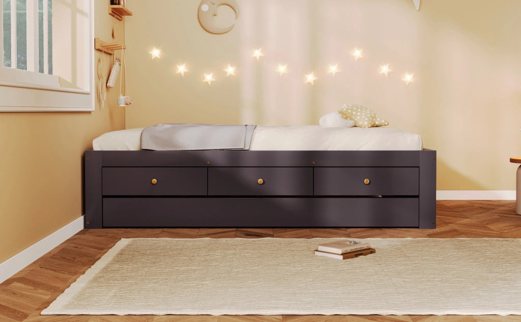Letto matrimoniale con 3 cassetti e letto estraibile in MDF e pino color caffè per camera da letto