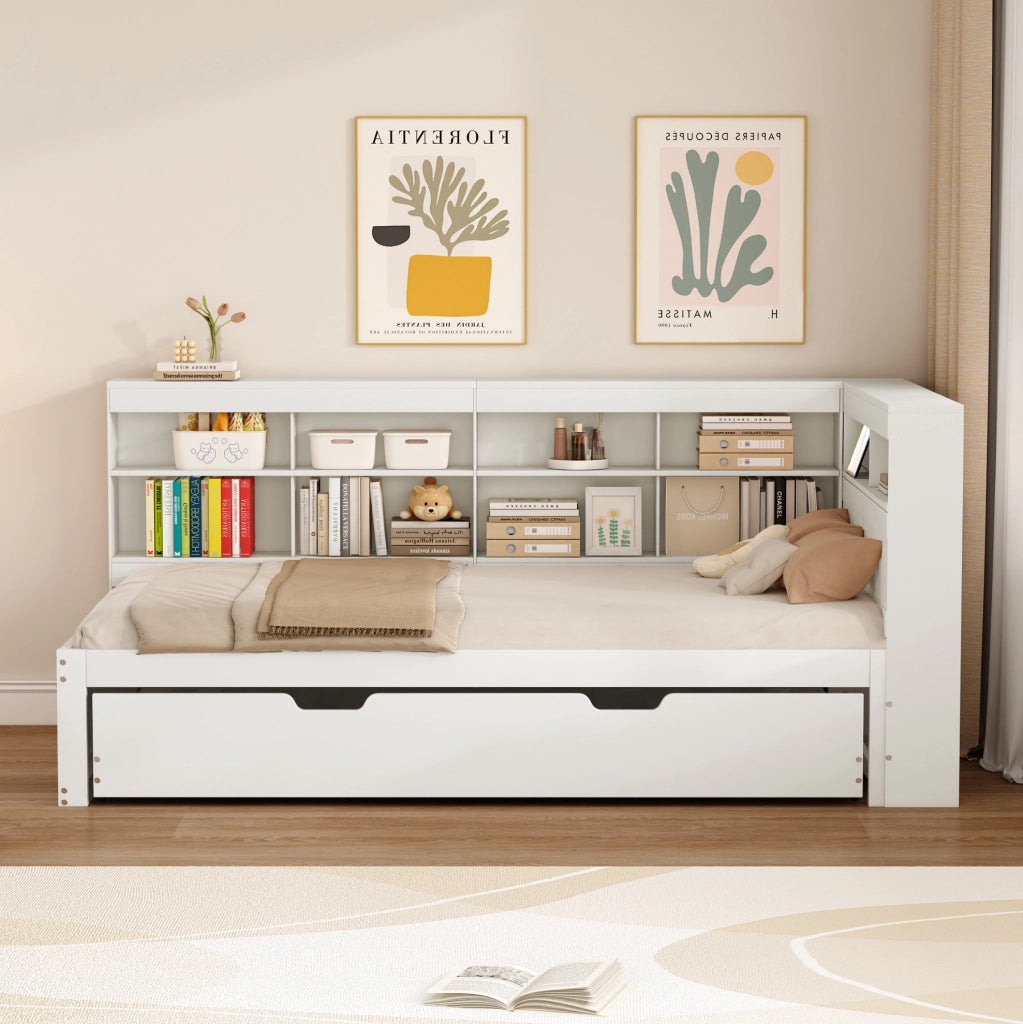 Letto singolo 90x200 cm con letto estraibile 90x190; USB e vani; bianco