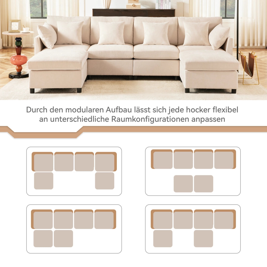 Divano modulare 4-6 posti trasformabile a U e L con 2 pouf e 6 cuscini in tessuto chenille beige, 278 × 161 × 81 cm