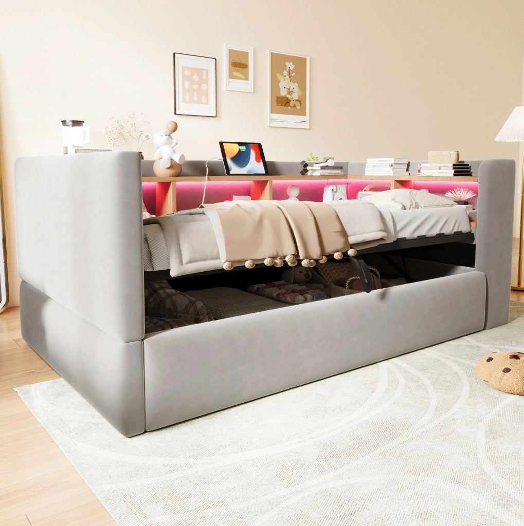 Divano letto imbottito 90x190 cm con LED, prese e contenitore