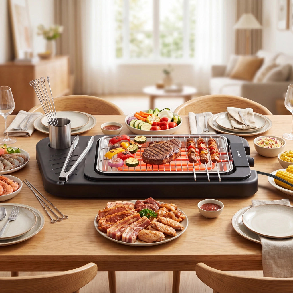 Griglia elettrica da 2000w 2 in 1 barbecue elettrico con supporto piano appoggio doppia piastra e temperatura regolabile, Griglia da tavolo per interno ed esterno