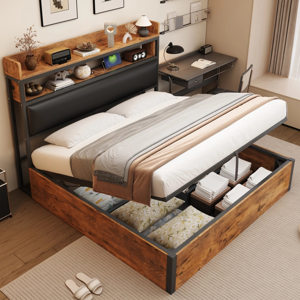 Letto matrimoniale 180x200 cm con contenitore idraulico, USB, testiera imbottita, nero