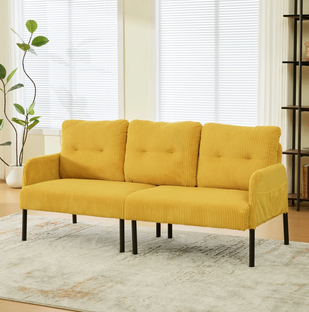 Divano 3 posti in velluto a coste giallo 171x72x80 cm con tasca laterale e struttura in metallo