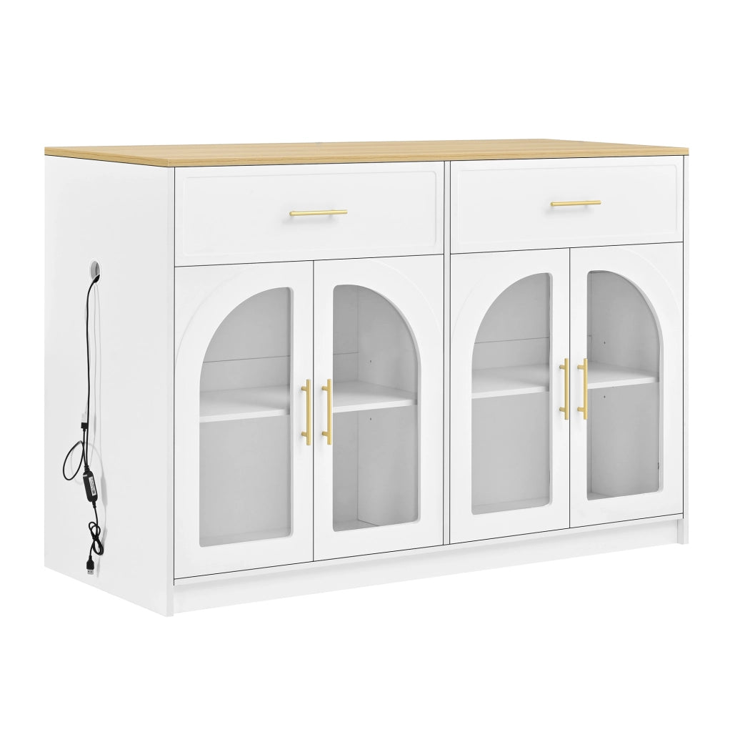Isola cucina 135x55 cm con LED; 2 cassetti e ante in vetro bianca HOMVRA