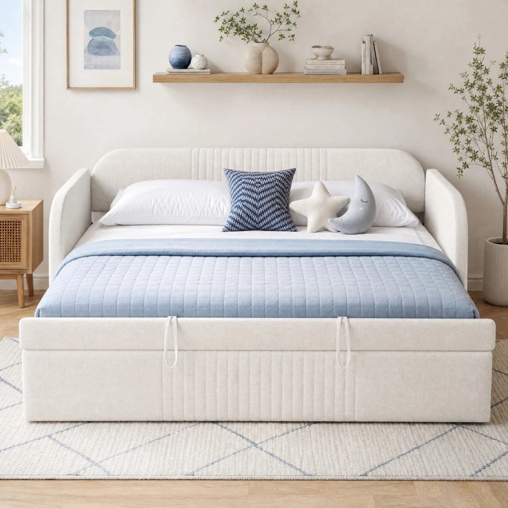 Divano letto imbottito estensibile con rete a doghe, beige