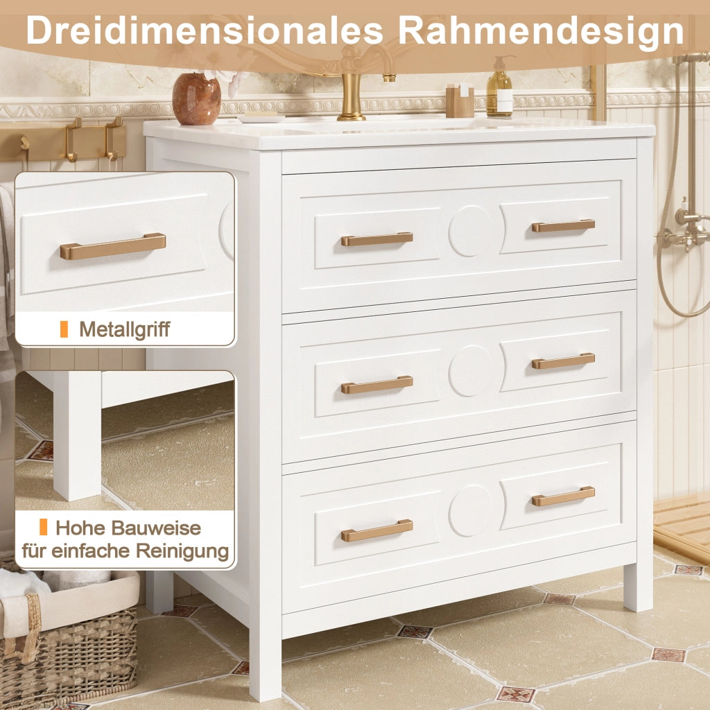 Mobiletto con lavabo in ceramica con 3 cassetti silenziosi in MDF laccato bianco 76.5 × 47 × 82 cm