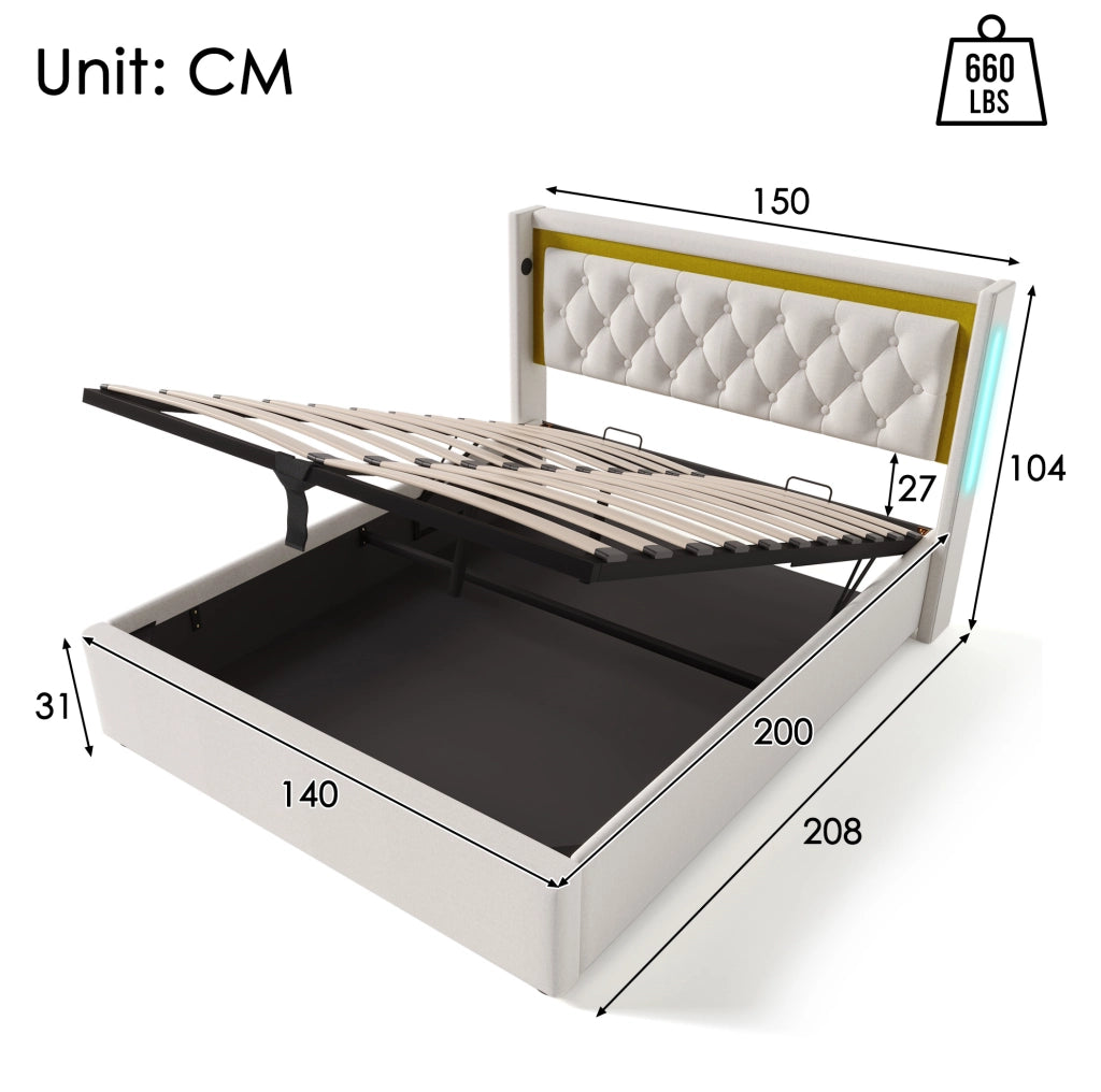 Letto matrimoniale 140x200 cm con contenitore, LED e USB-C in cotone beige
