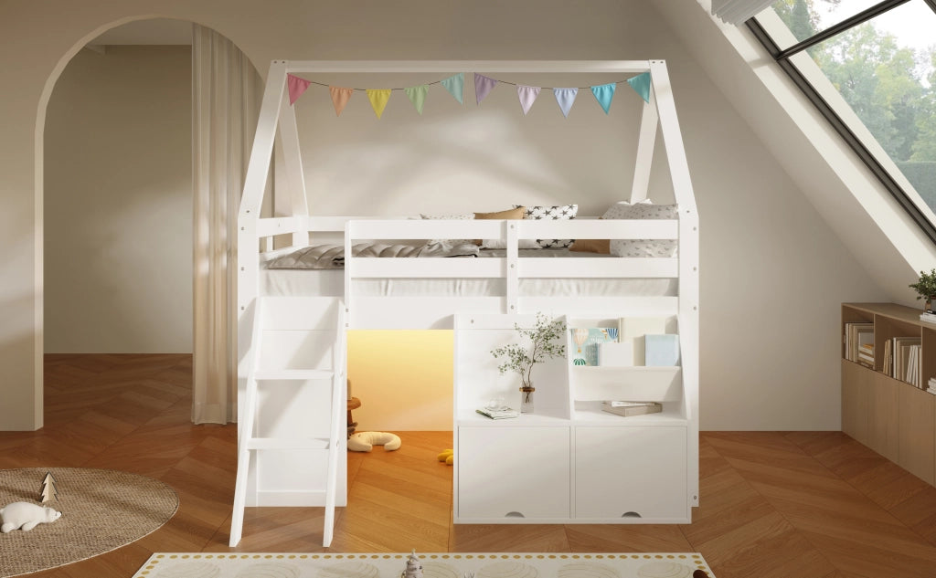 Letto a soppalco per bambini 140 × 200 cm con scala, LED, contenitori e tasche, senza materasso, bianco