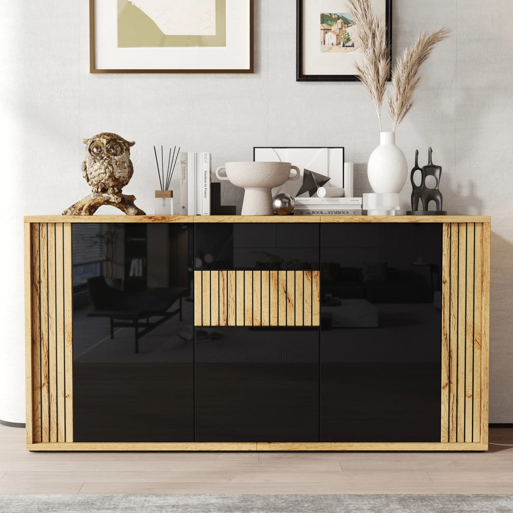 Madia 140x35x71 cm a 3 ante push-to-open nera e legno naturale HAVRYA
