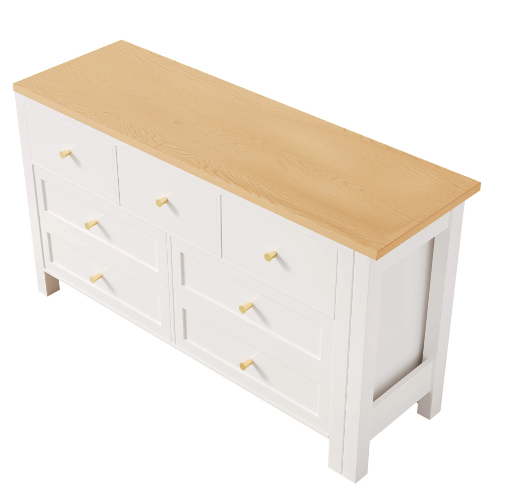 Scrivania 2-in-1 con 7 cassetti e piano girevole a 360°, finitura in effetto rovere, bianco/naturale, scrivania angolare a L