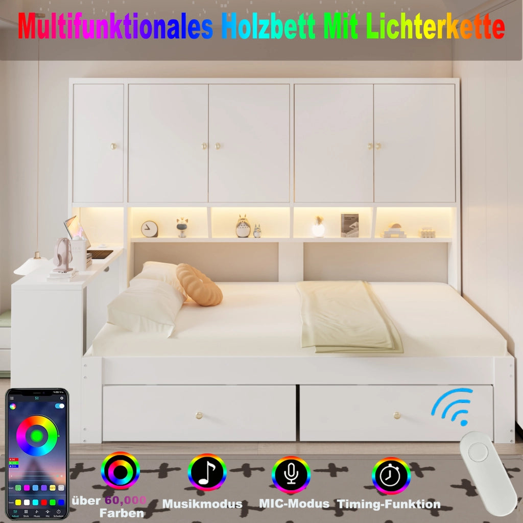 Letto con cassetti 90 × 200 cm con scrivania integrata armadi ripiani LED prese rete a doghe struttura in MDF bianco