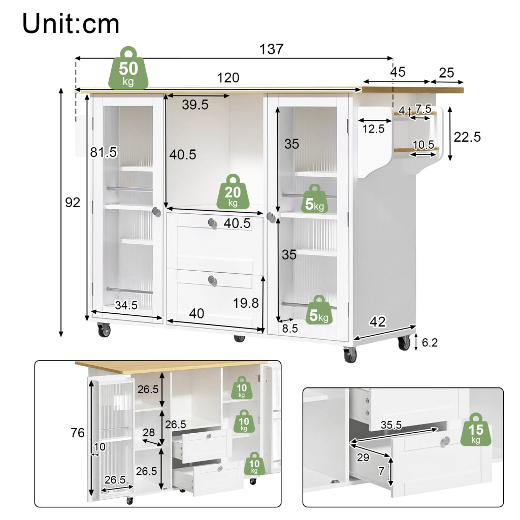 Carrello da cucina con piano pieghevole, 2 cassetti e portaspezie, ruote bloccabili, naturale bianco, 120 × 45 × 92 cm