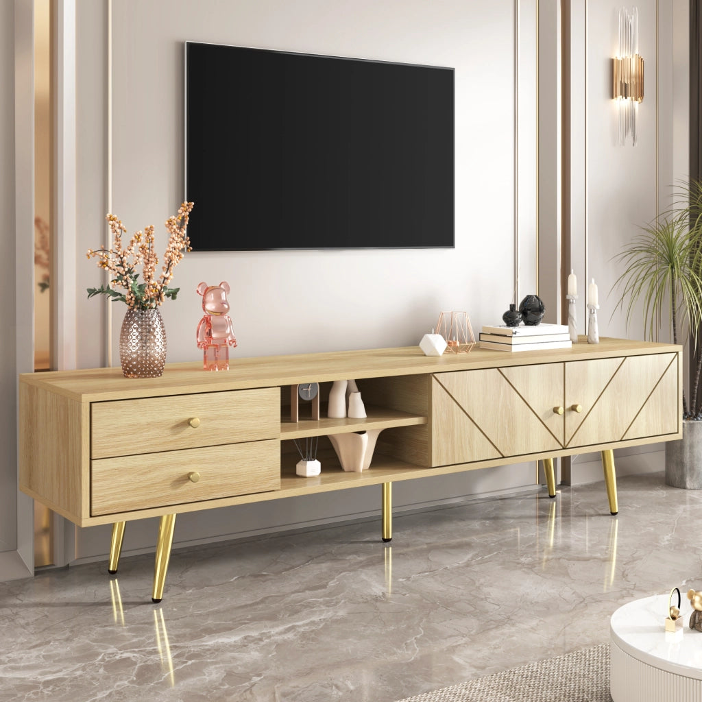 Mobile TV con due cassetti; due ante scanalate e vani aperti con gambe in metallo oro color legno 160 × 36 × 42 cm