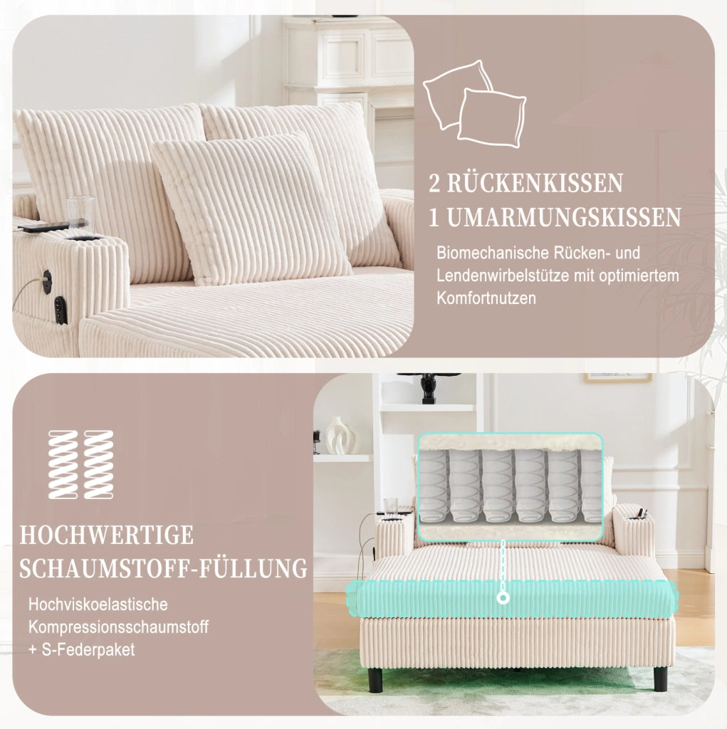 Poltrona relax beige con luci LED, porte USB e portabicchieri