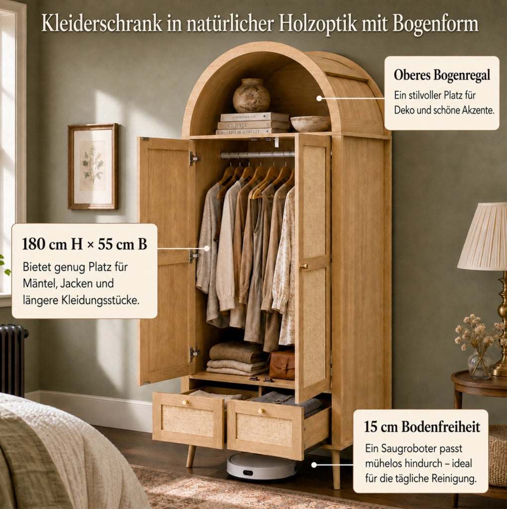 Armadio con 2 ante e 2 cassetti 180 cm in MDF con finitura rovere e rattan beige, design ad arco con appendiabiti e ripiano aperto