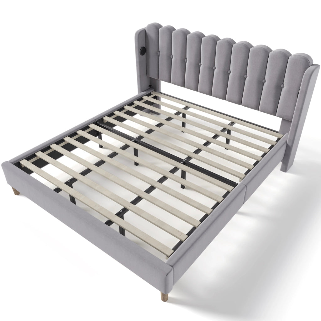 Letto matrimoniale imbottito grigio con USB e Tipo C; 180x200 cm in lino