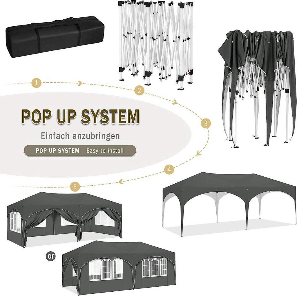Gazebo pieghevole 3 x 6 m grigio con pareti laterali
