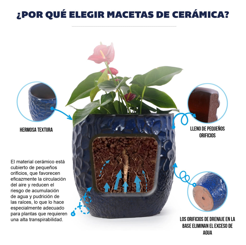 Vaso in ceramica artigianale Ø38 cm blu profondo lucido con rilievo martellato, traspirante e resistente al gelo con foro di drenaggio per piante da interno ed esterno