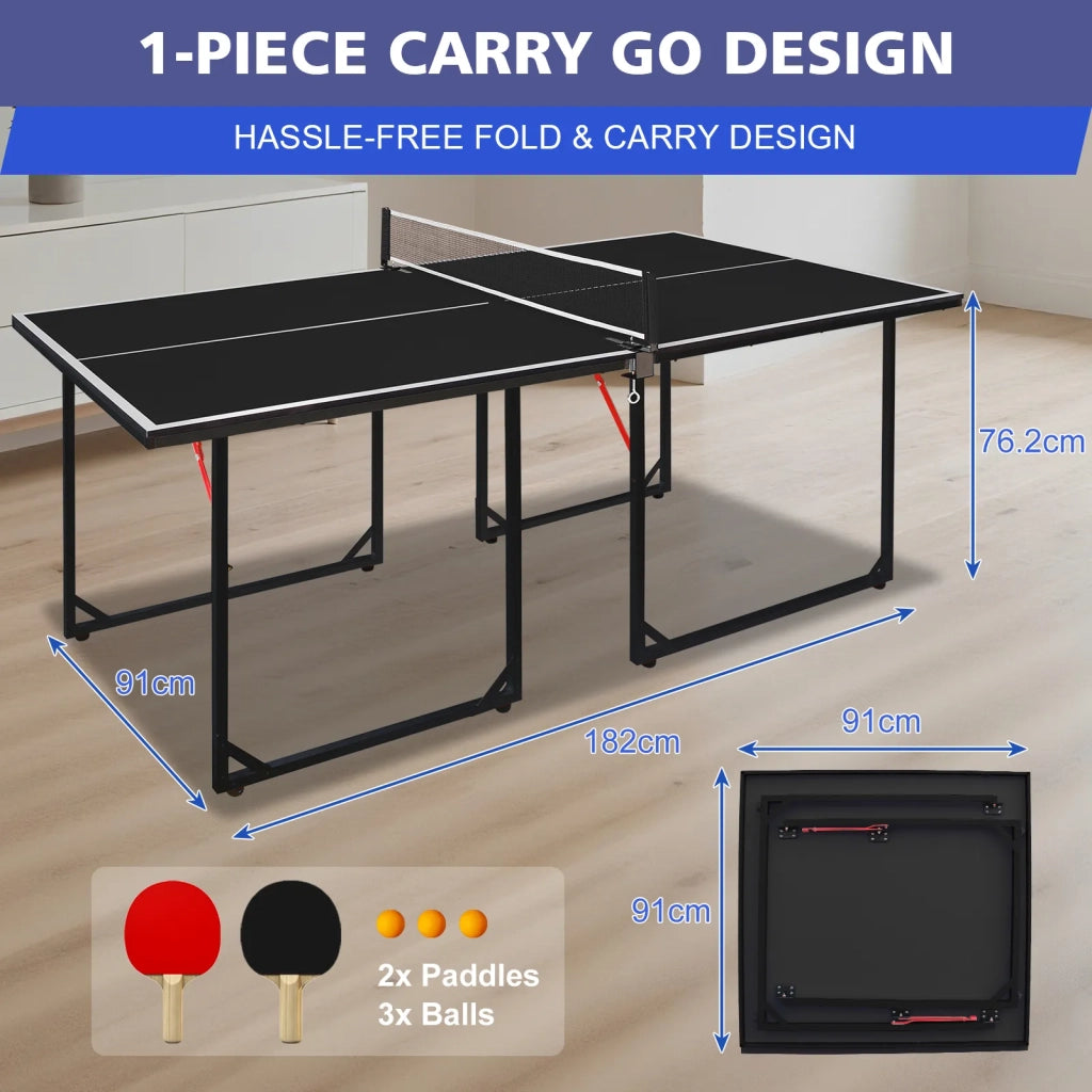 Tavolo da Ping Pong 182 cm, pieghevole e portatile per interni ed esterni. Set con rete, 2 racchette e 3 palline. Piano nero, gambe nere.