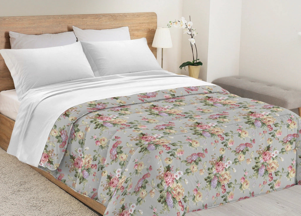 Trapunta Piumone Letto Invernale Imbottita 300gr Microfibra Diadema Roselline - 2 Piazze - Grigio