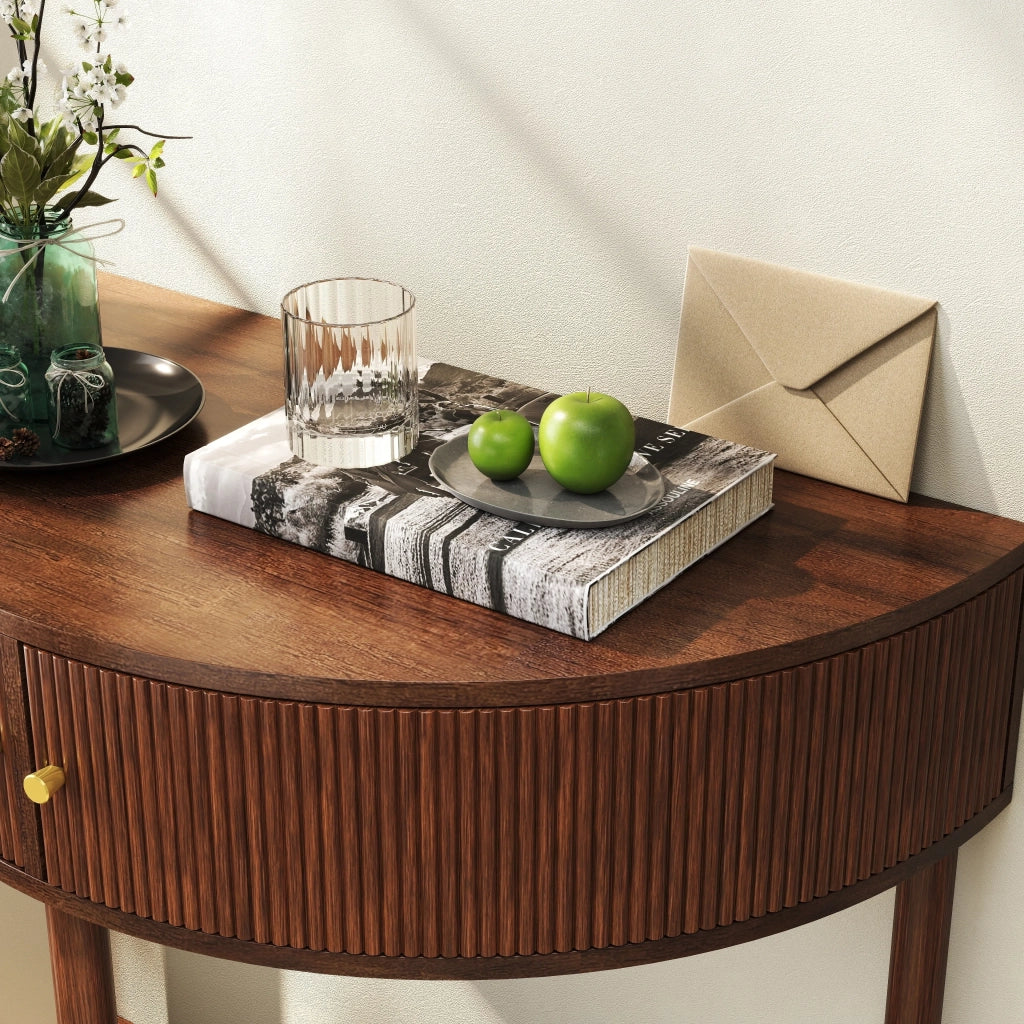 Consolle mezzaluna con motivo 3D ondulato, decoro legno noce MDF laccato UV, gambe in massello, 2 cassetti e ripiano inferiore