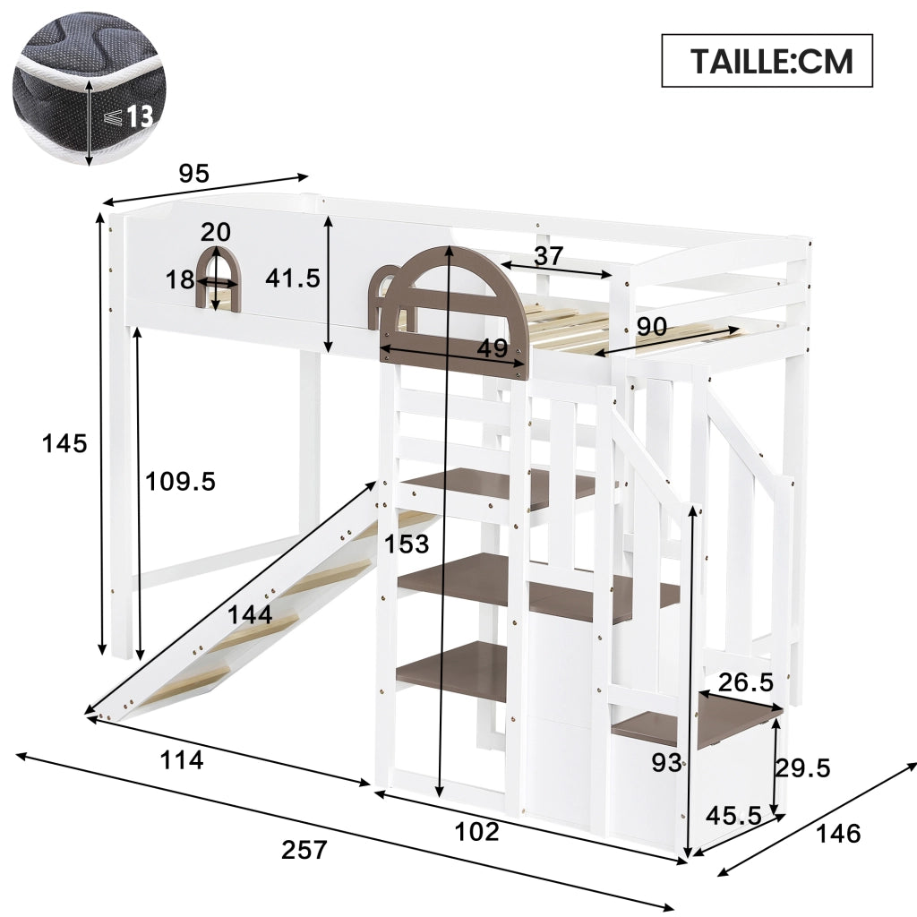 Letto a castello per bambini 90 × 200 cm 2 posti con scivolo, scala con 2 vani e finestre, senza materasso, bianco