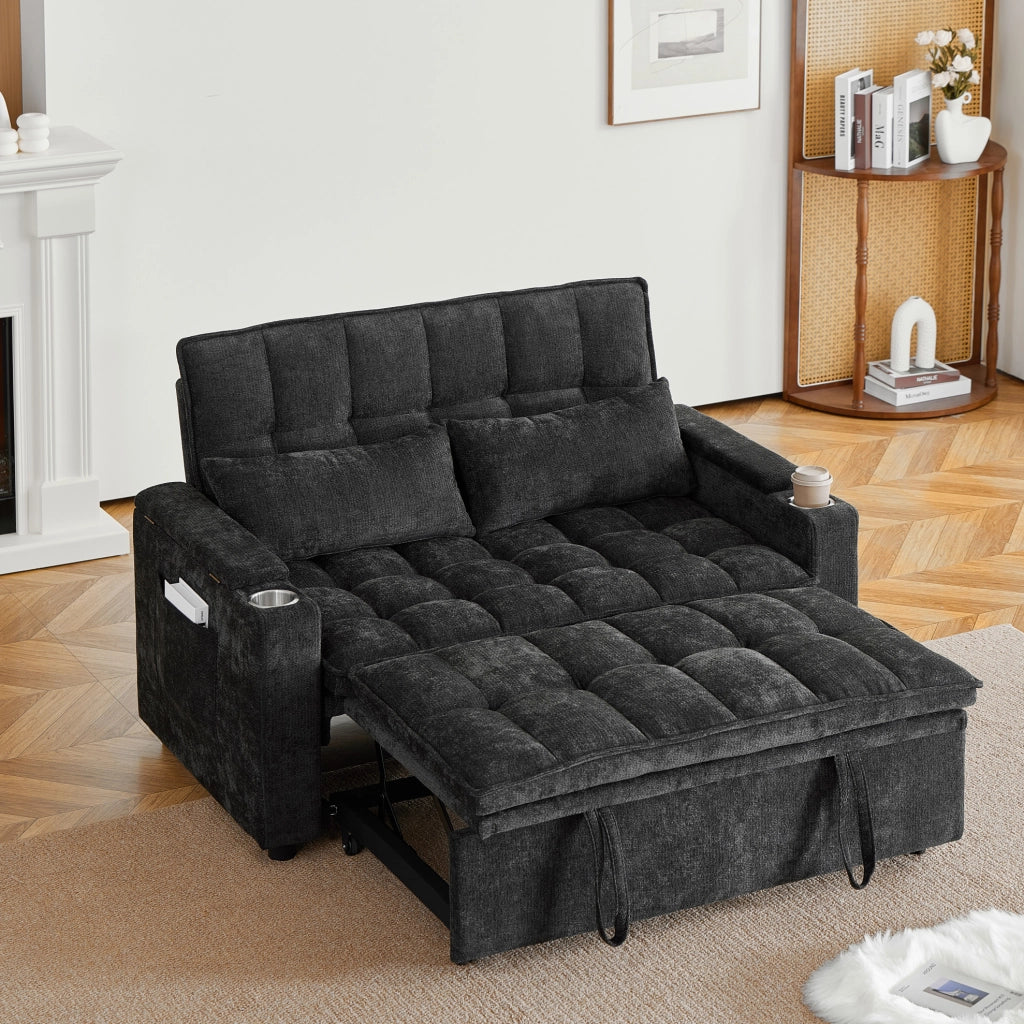 Divano letto 3 in 1 142x89x89 cm in ciniglia nera con contenitore