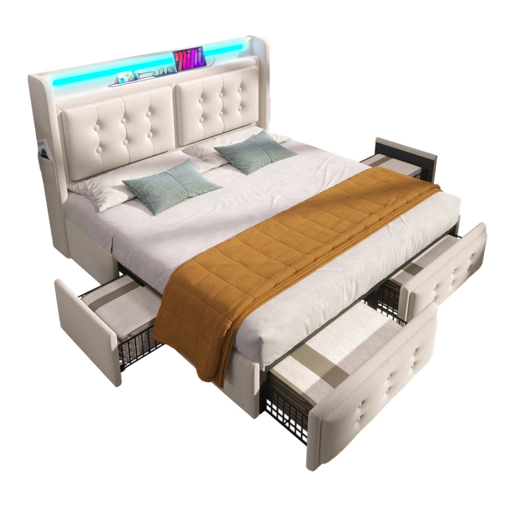Letto matrimoniale 180 × 200 cm con LED USB tipo C quattro cassetti in cotone e lino beige rete a doghe inclusa
