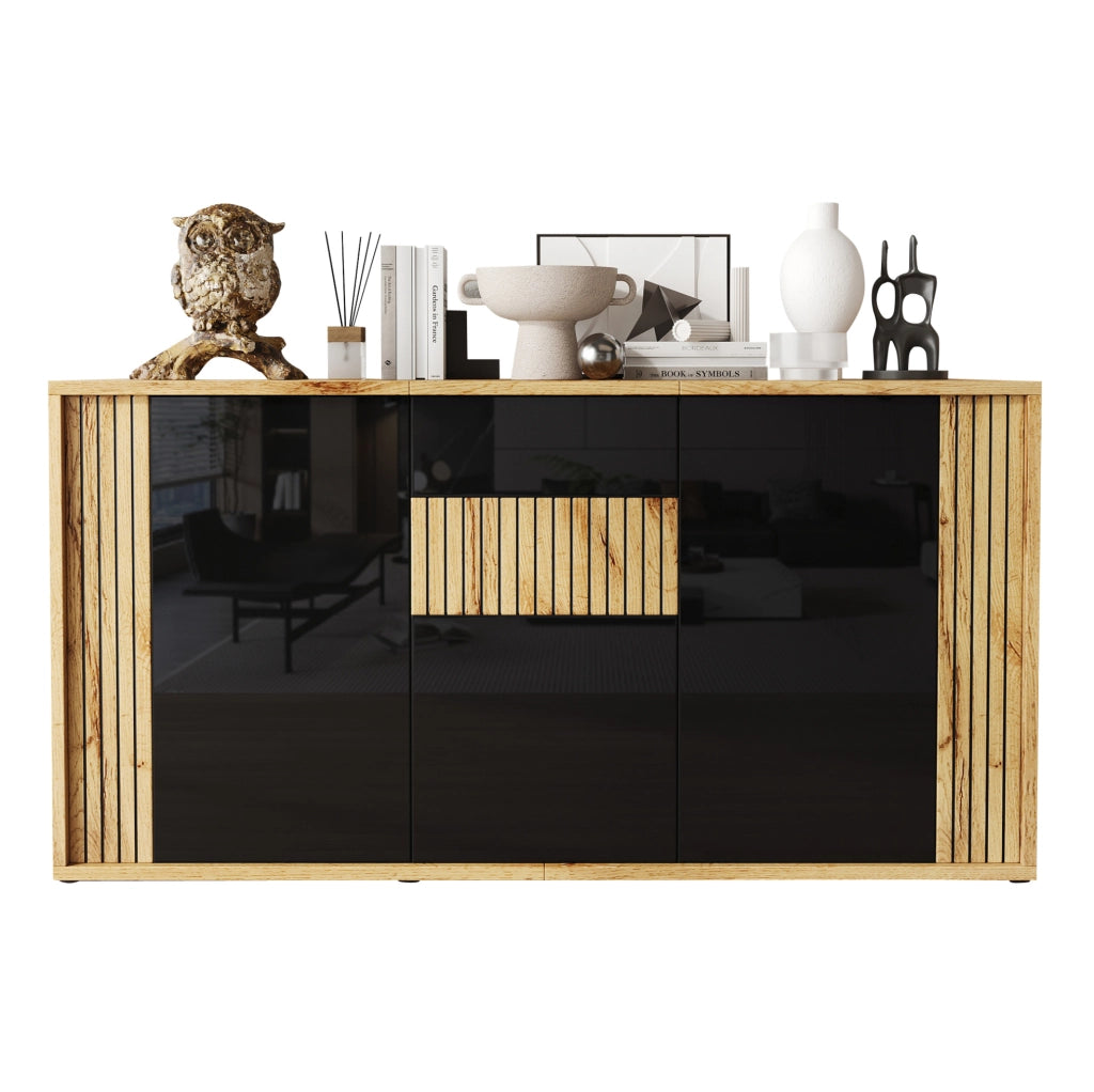 Madia 140x35x71 cm a 3 ante push-to-open nera e legno naturale HAVRYA