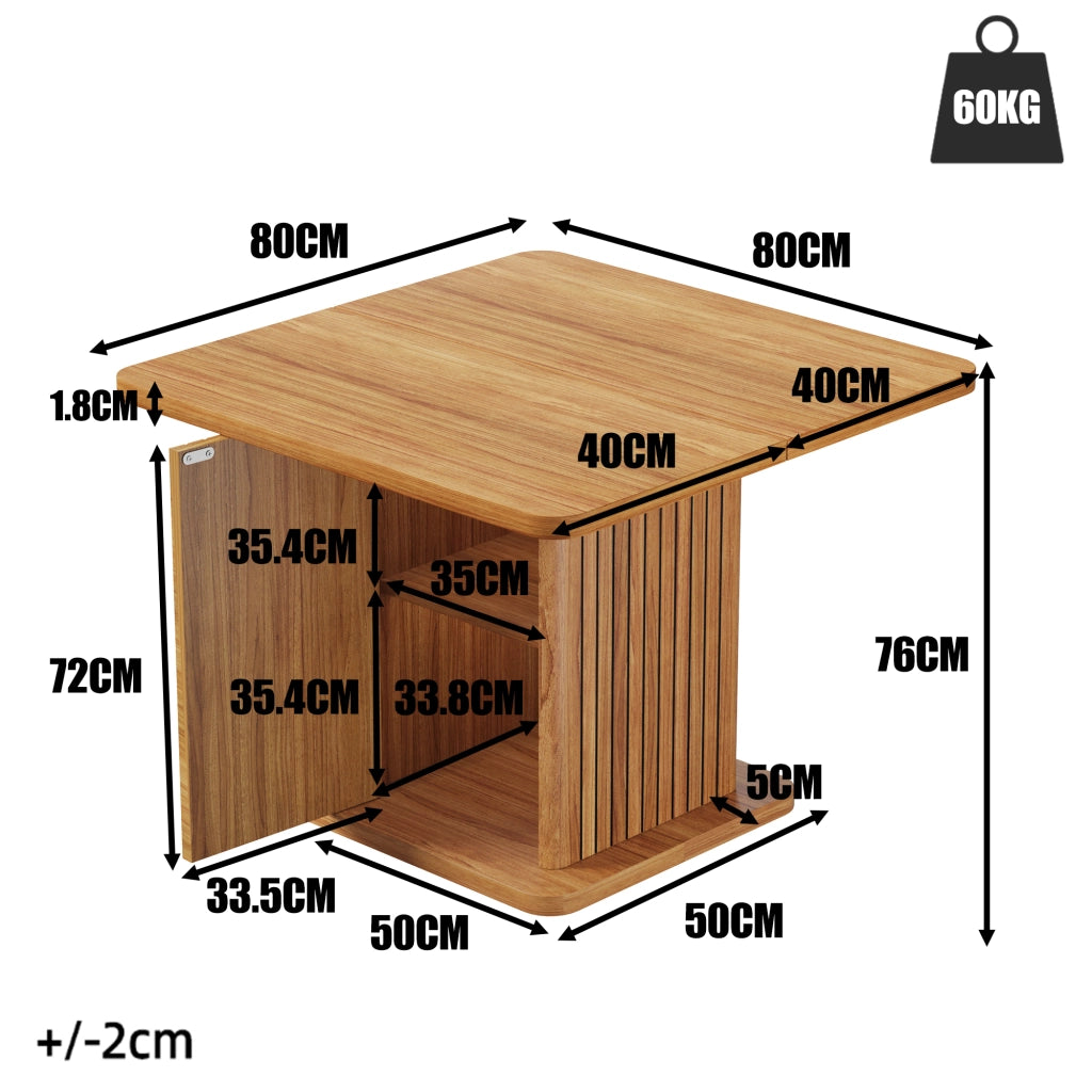 Tavolo da Pranzo Quadrato 80x80 cm 4 Posti con Contenitore LEMONMAX; 2 Ripiani; Ante Scanalate; MDF Effetto Legno Marrone Scuro; H 76 cm