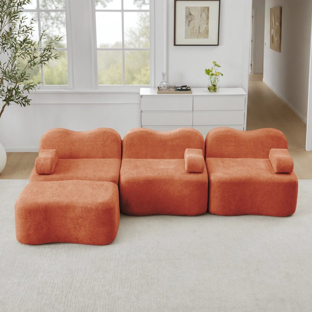 Divano angolare modulare 288x167x70 cm con pouf collegabile in velluto arancione