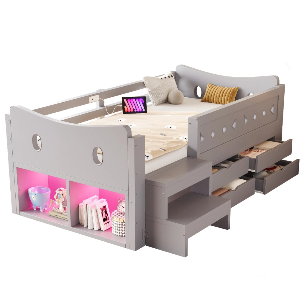 Letto singolo per bambini 90x200 cm con 4 cassetti; LED; USB e Type-C; grigio